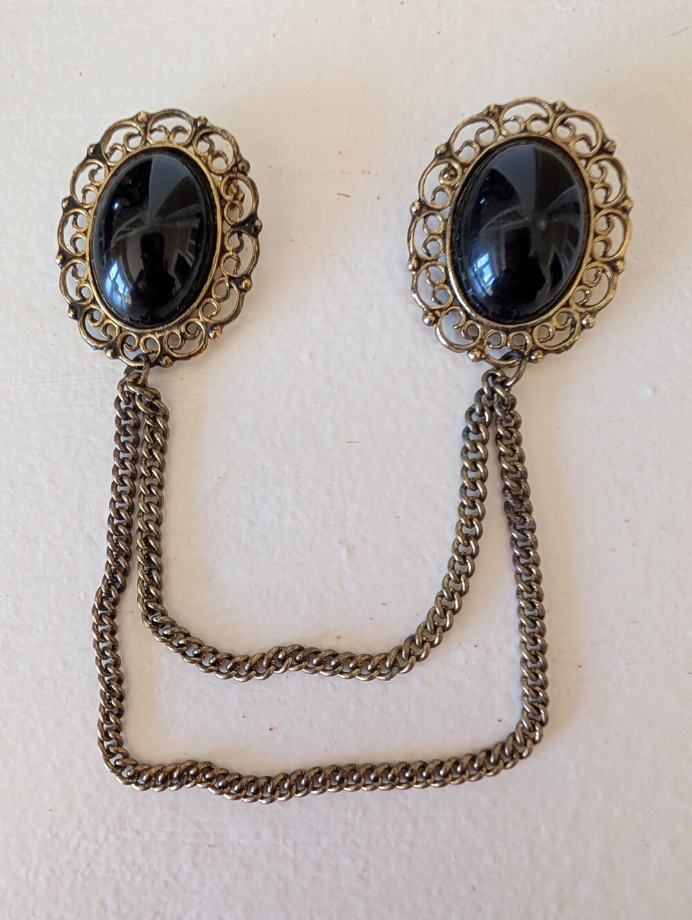 Vintage Brooch 1980s Black Faux Stone Double-Clip Sweater Guard